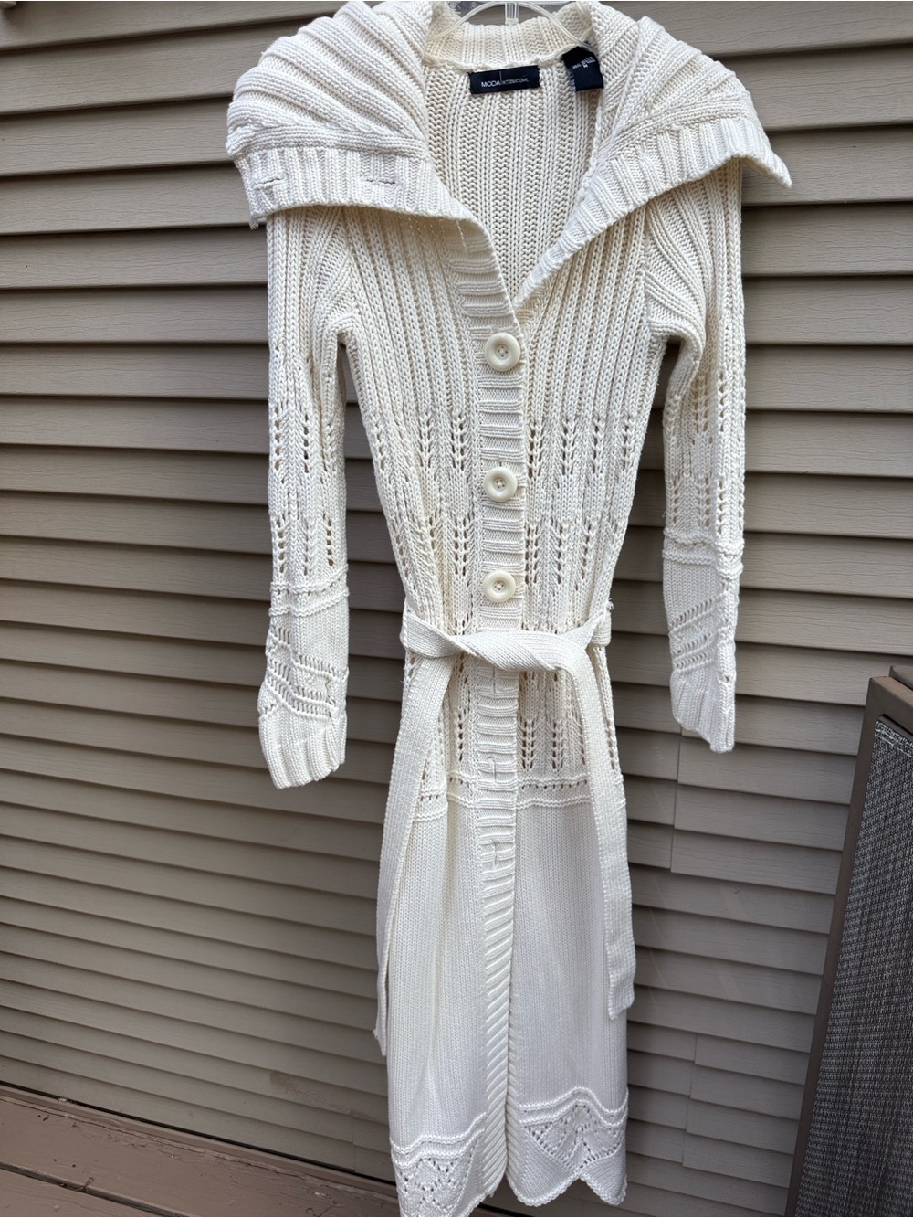 Moda International Long Cream Open-Knit Button-Front Belted Cardigan Size M - Picture 2 of 8